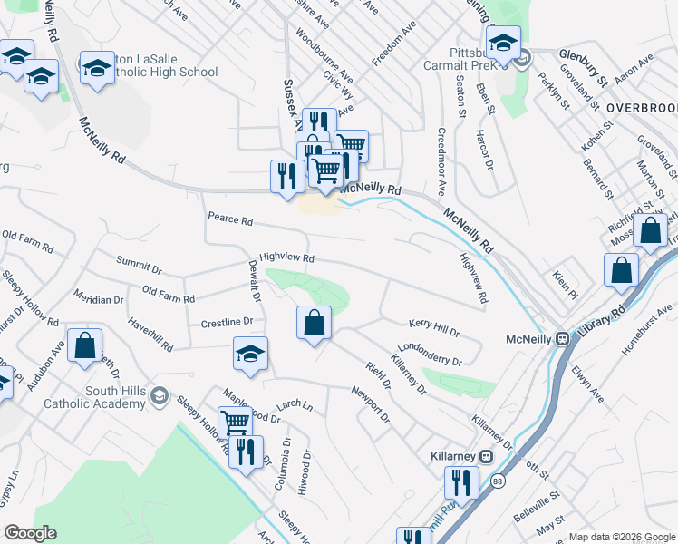map of restaurants, bars, coffee shops, grocery stores, and more near 740 Highview Road in Pittsburgh