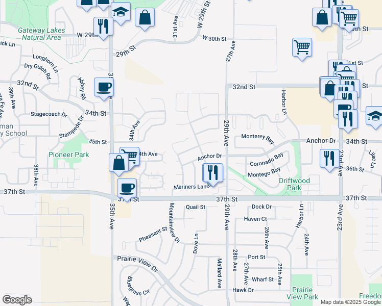 map of restaurants, bars, coffee shops, grocery stores, and more near 3110 Swan Point Drive in Evans