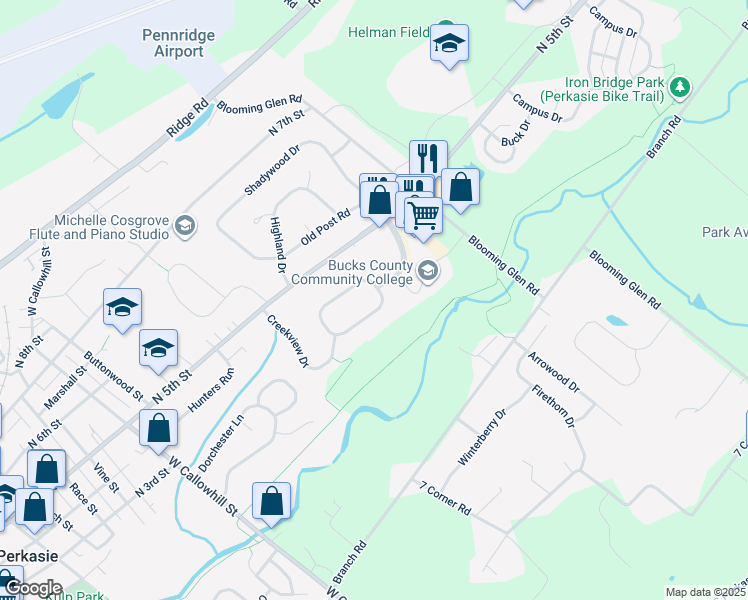 map of restaurants, bars, coffee shops, grocery stores, and more near 3 Hillendale Road in Perkasie