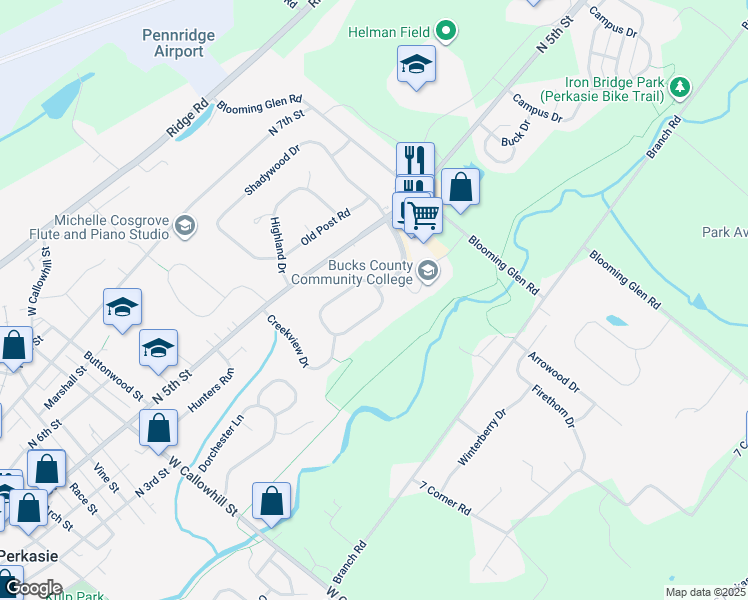 map of restaurants, bars, coffee shops, grocery stores, and more near 3 Hillendale Road in Perkasie