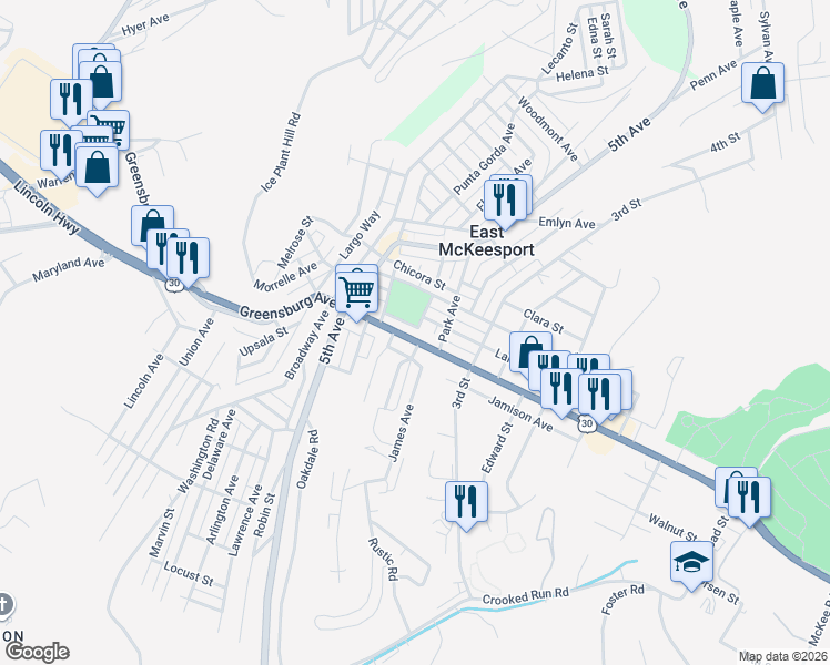 map of restaurants, bars, coffee shops, grocery stores, and more near in North Versailles