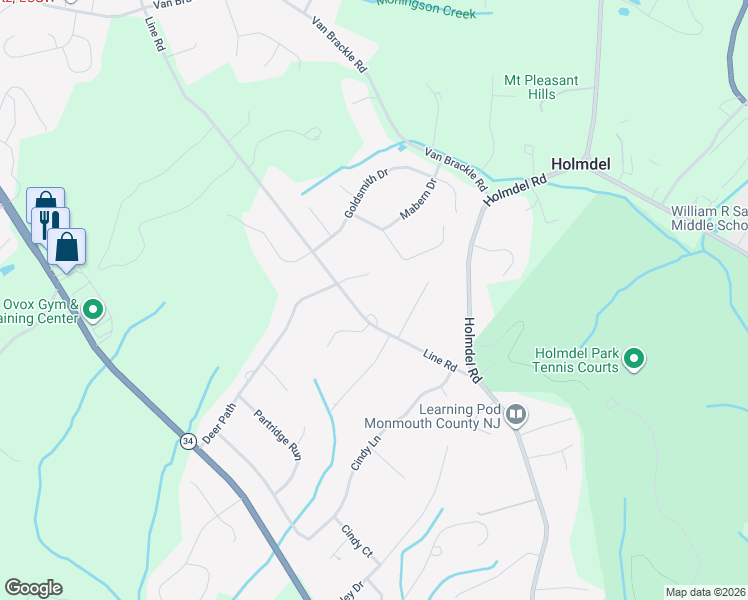 map of restaurants, bars, coffee shops, grocery stores, and more near 3 Crowfield Lane in Holmdel