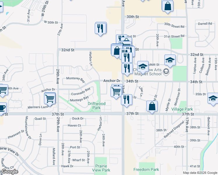 map of restaurants, bars, coffee shops, grocery stores, and more near 3426 Cove Way in Evans