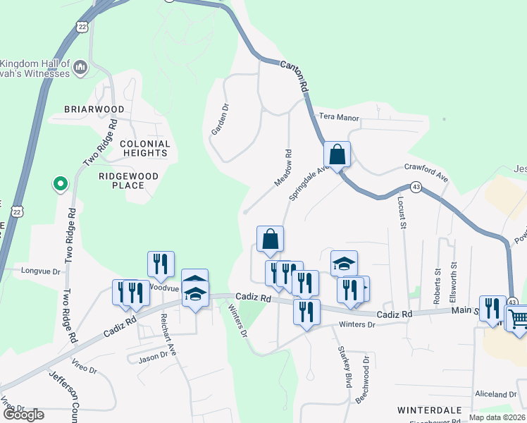 map of restaurants, bars, coffee shops, grocery stores, and more near 200 Meadow Road in Steubenville