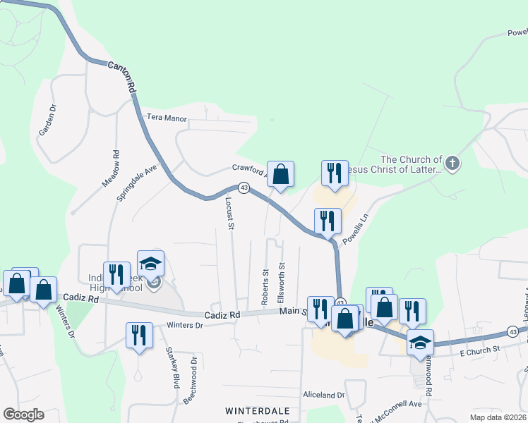 map of restaurants, bars, coffee shops, grocery stores, and more near 125 Forest Street in Steubenville