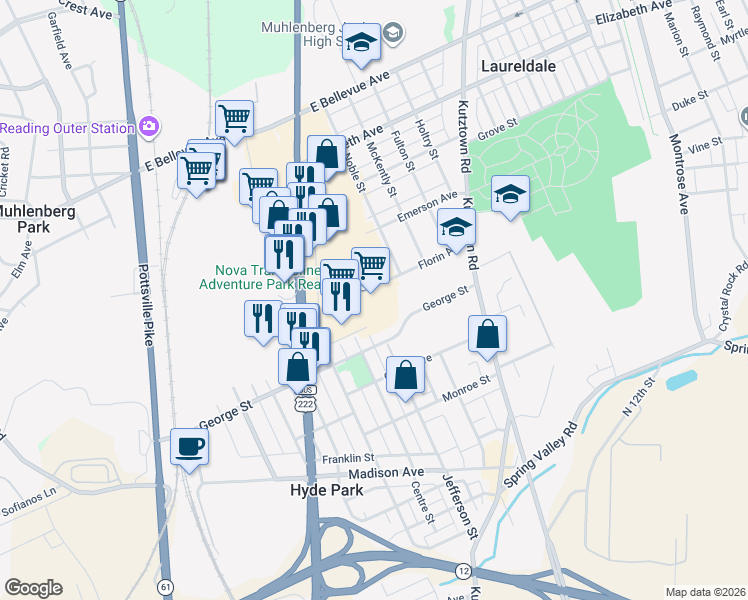 map of restaurants, bars, coffee shops, grocery stores, and more near 3045 North 5th Street Highway in Reading