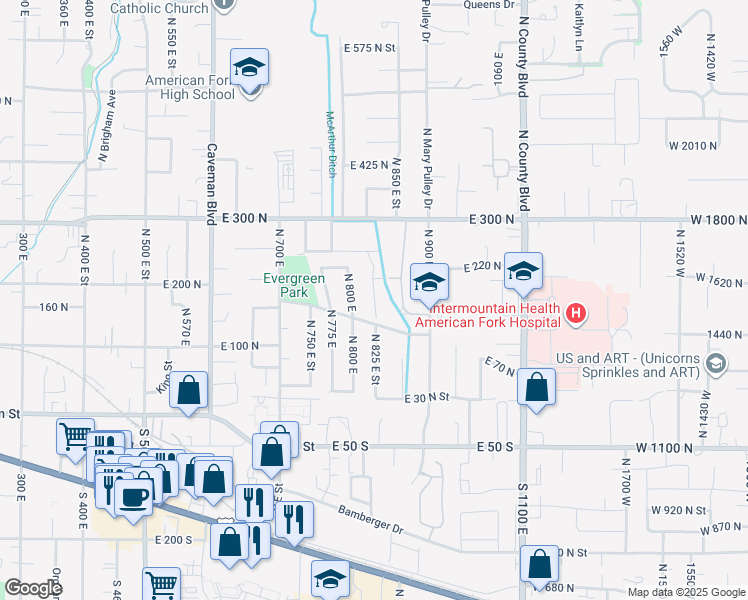 map of restaurants, bars, coffee shops, grocery stores, and more near 170 North 825 East in American Fork