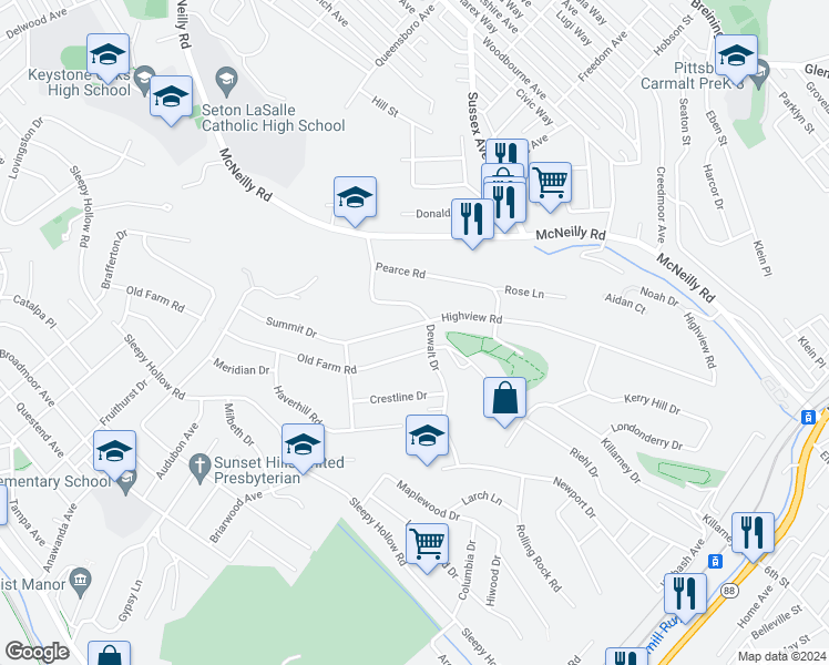 map of restaurants, bars, coffee shops, grocery stores, and more near 563 Old Farm Road in Pittsburgh