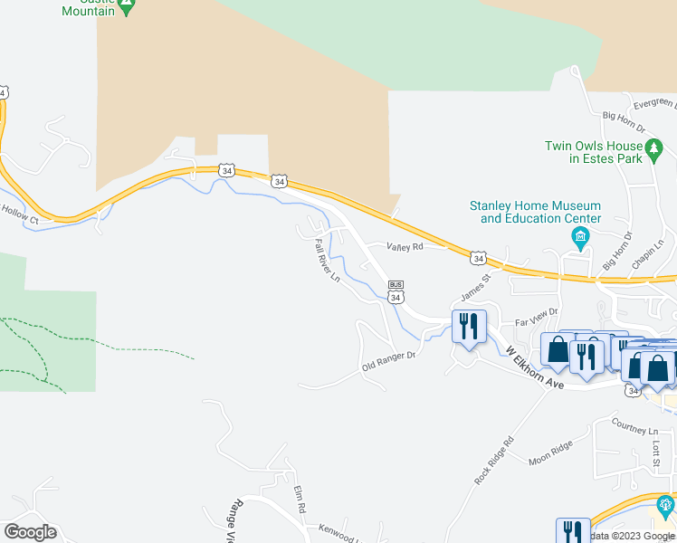map of restaurants, bars, coffee shops, grocery stores, and more near 350 Fall River Lane in Estes Park
