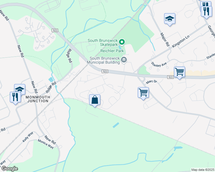 map of restaurants, bars, coffee shops, grocery stores, and more near Kara Boulevard in South Brunswick Township