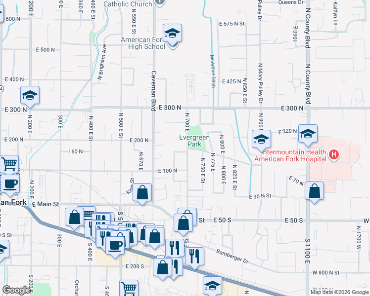 map of restaurants, bars, coffee shops, grocery stores, and more near 163 North 700 East Street in American Fork