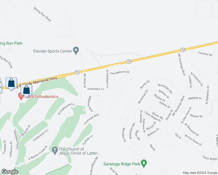 map of restaurants, bars, coffee shops, grocery stores, and more near 4378 Inverness Lane in Eagle Mountain
