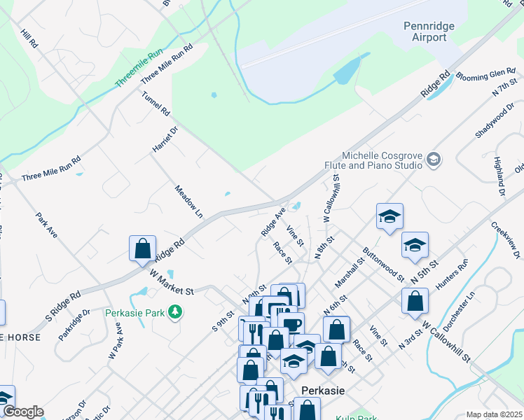 map of restaurants, bars, coffee shops, grocery stores, and more near 253 Ridge Road in Perkasie