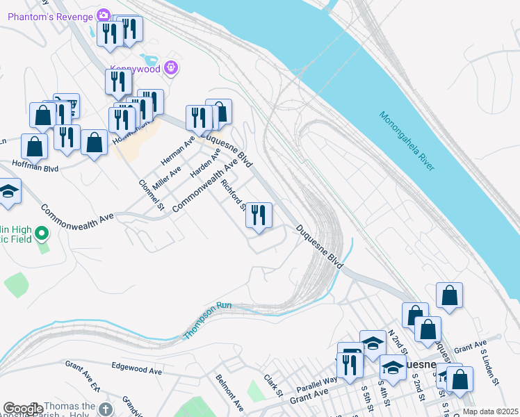 map of restaurants, bars, coffee shops, grocery stores, and more near 705 Richford Street in Duquesne