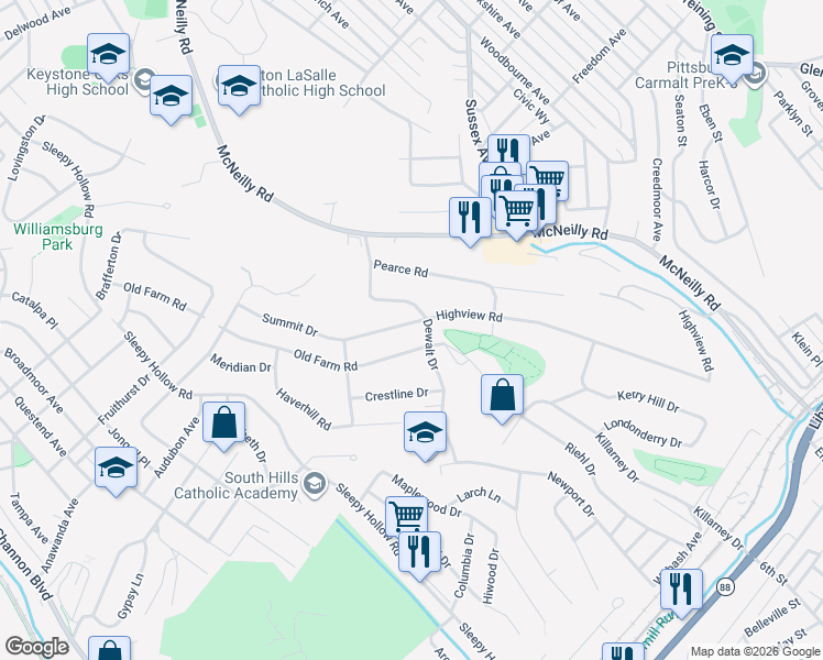 map of restaurants, bars, coffee shops, grocery stores, and more near 563 Old Farm Road in Pittsburgh