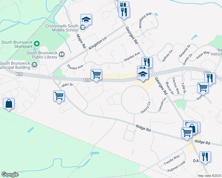 map of restaurants, bars, coffee shops, grocery stores, and more near 17 Isaac Drive in South Brunswick Township