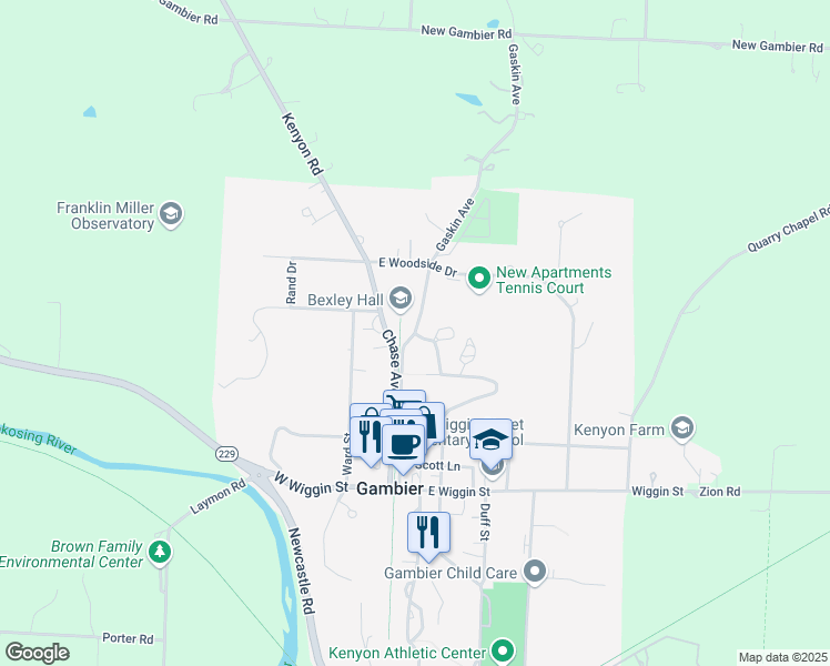 map of restaurants, bars, coffee shops, grocery stores, and more near Gaskin Avenue in Gambier