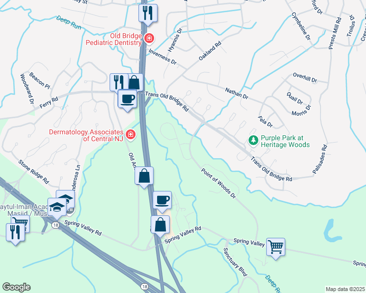 map of restaurants, bars, coffee shops, grocery stores, and more near 30 Indigo Drive in Old Bridge Township