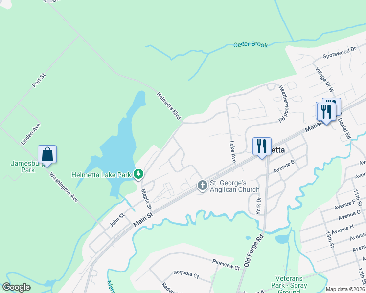 map of restaurants, bars, coffee shops, grocery stores, and more near 14 Holly House Drive in Helmetta