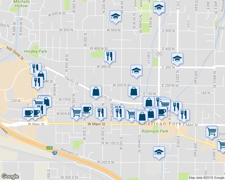 map of restaurants, bars, coffee shops, grocery stores, and more near 188 ⛉ North 150 West Circle in American Fork