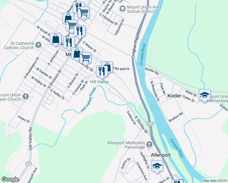 map of restaurants, bars, coffee shops, grocery stores, and more near 216 East Shirley Street in Mount Union