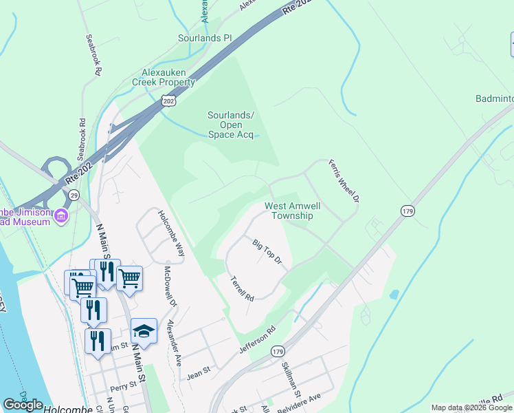 map of restaurants, bars, coffee shops, grocery stores, and more near 37 Terrell Road in Lambertville