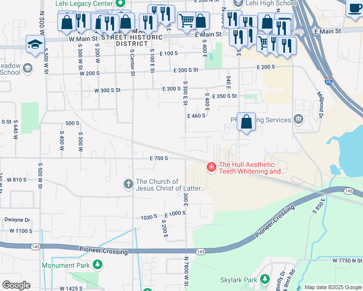 map of restaurants, bars, coffee shops, grocery stores, and more near 612 South 300 East in Lehi