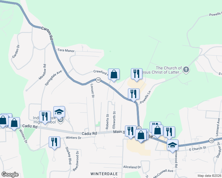 map of restaurants, bars, coffee shops, grocery stores, and more near 130 Forest Street in Steubenville