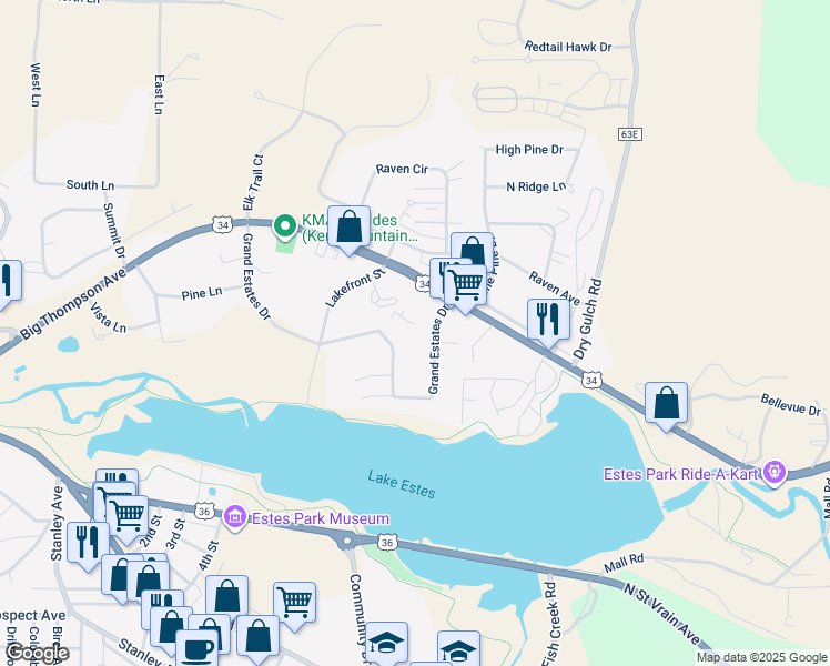 map of restaurants, bars, coffee shops, grocery stores, and more near 509 Grand Estates Drive in Estes Park