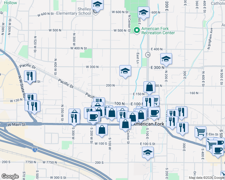 map of restaurants, bars, coffee shops, grocery stores, and more near 142 North 100 West in American Fork