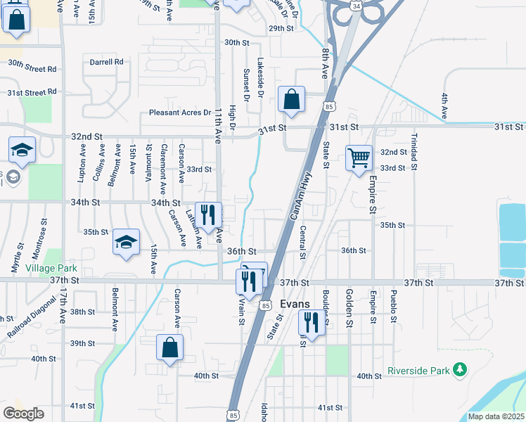 map of restaurants, bars, coffee shops, grocery stores, and more near 1000 35th Street in Evans