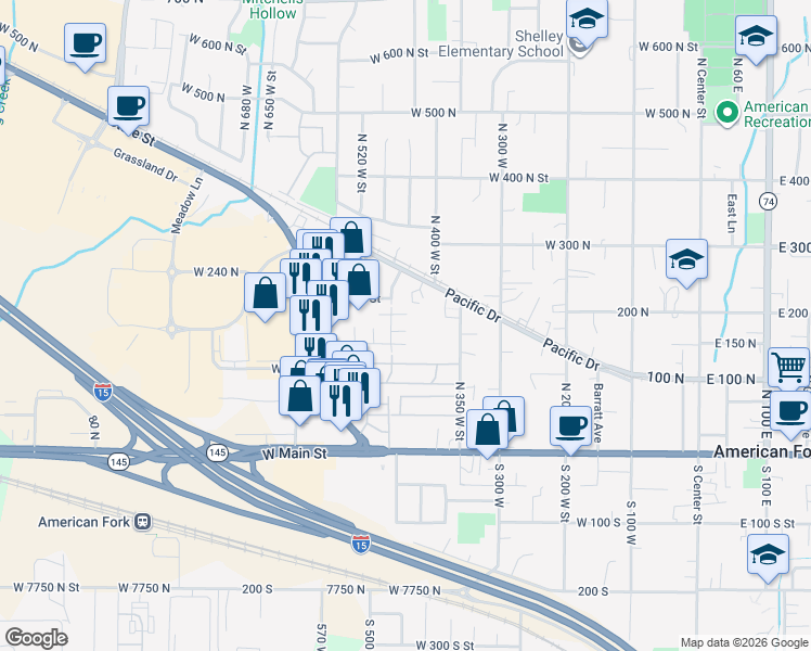 map of restaurants, bars, coffee shops, grocery stores, and more near 164 North 450 West in American Fork