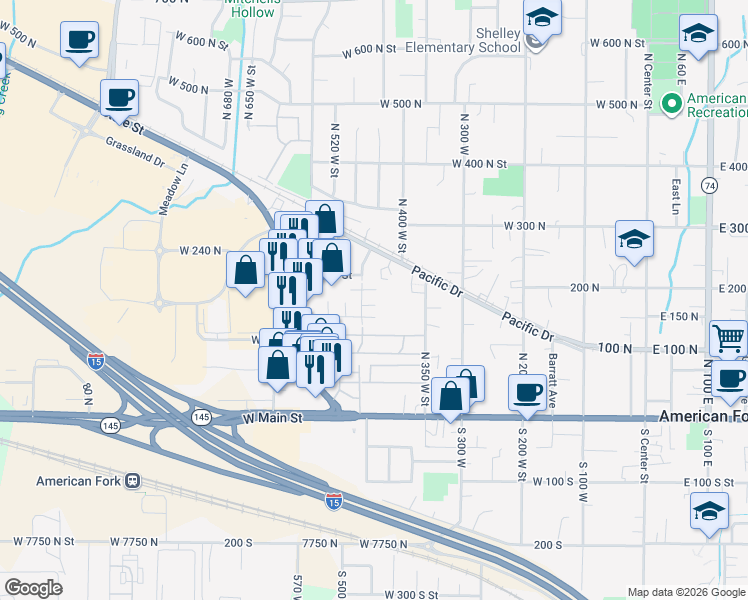 map of restaurants, bars, coffee shops, grocery stores, and more near 164 North 450 West in American Fork