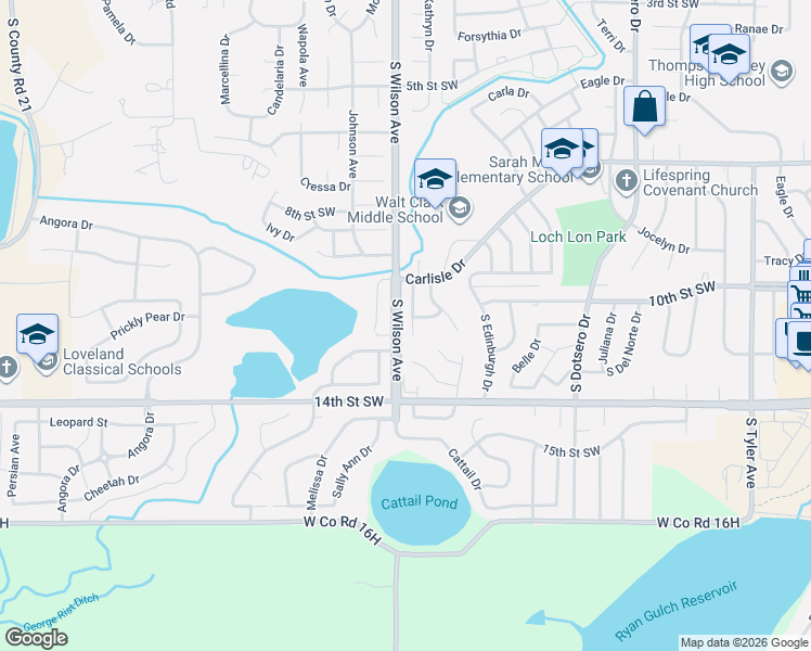 map of restaurants, bars, coffee shops, grocery stores, and more near 2823 Mango Place in Loveland