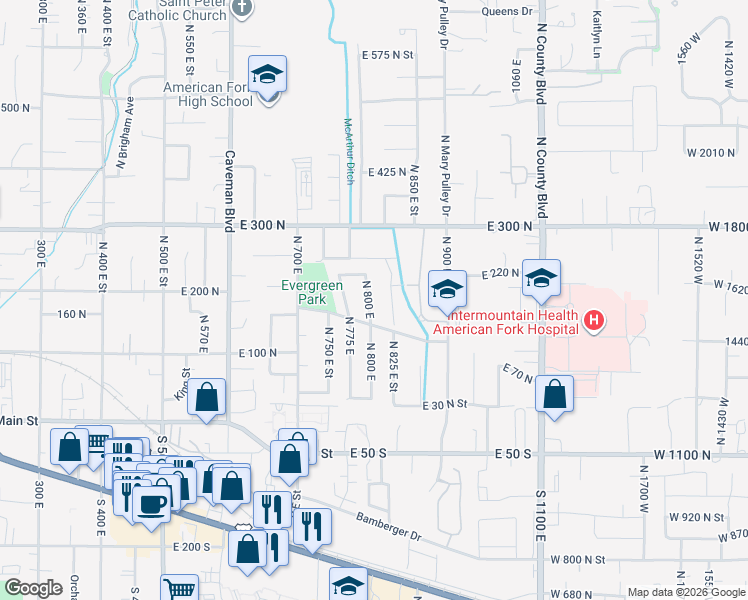 map of restaurants, bars, coffee shops, grocery stores, and more near 775 Fleming Drive in American Fork