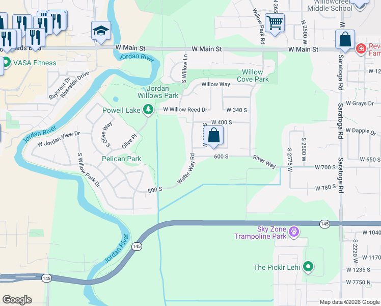 map of restaurants, bars, coffee shops, grocery stores, and more near 3055 West 560 South in Lehi