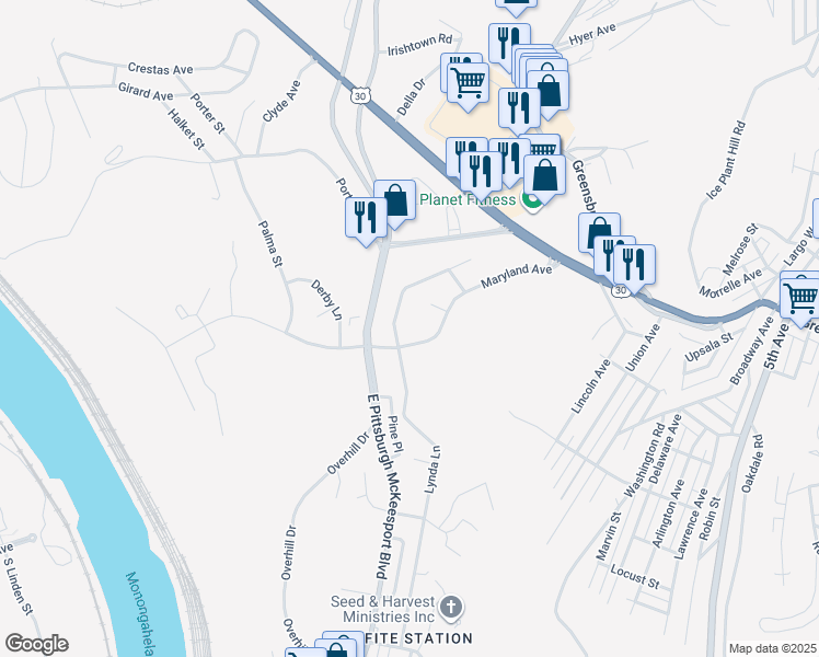 map of restaurants, bars, coffee shops, grocery stores, and more near 848 Lynda Lane in North Versailles