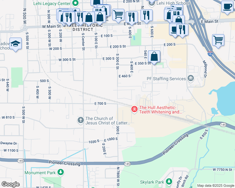 map of restaurants, bars, coffee shops, grocery stores, and more near 612 South 300 East in Lehi