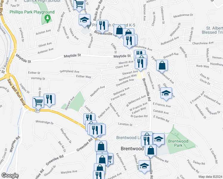 map of restaurants, bars, coffee shops, grocery stores, and more near 121 Owendale Avenue in Brentwood