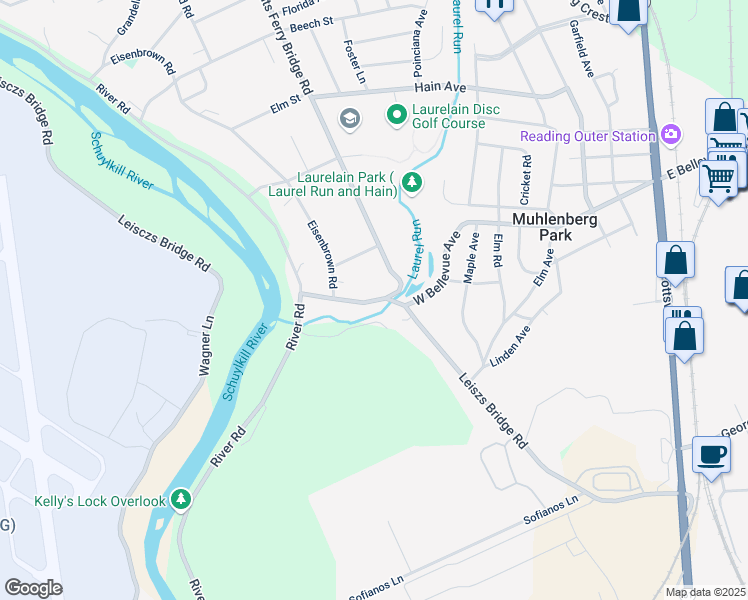 map of restaurants, bars, coffee shops, grocery stores, and more near Leisczs Bridge Road in Reading