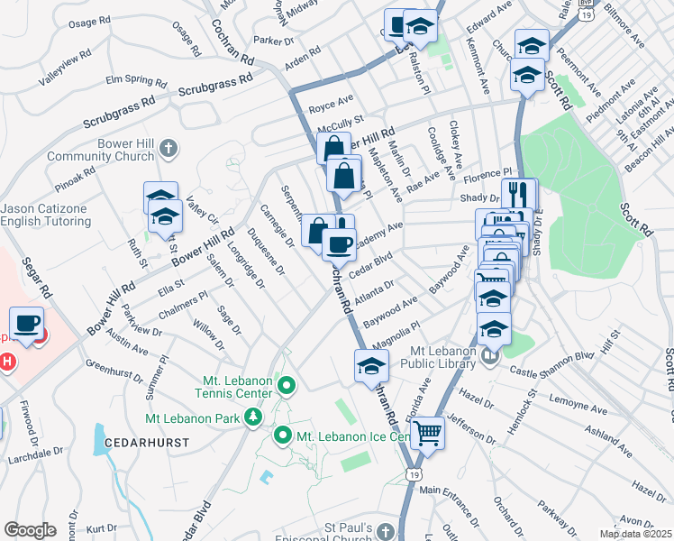 map of restaurants, bars, coffee shops, grocery stores, and more near 308 Cochran Road in Pittsburgh