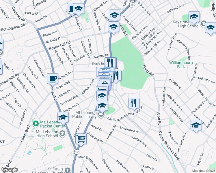 map of restaurants, bars, coffee shops, grocery stores, and more near 691 Washington Road in Pittsburgh