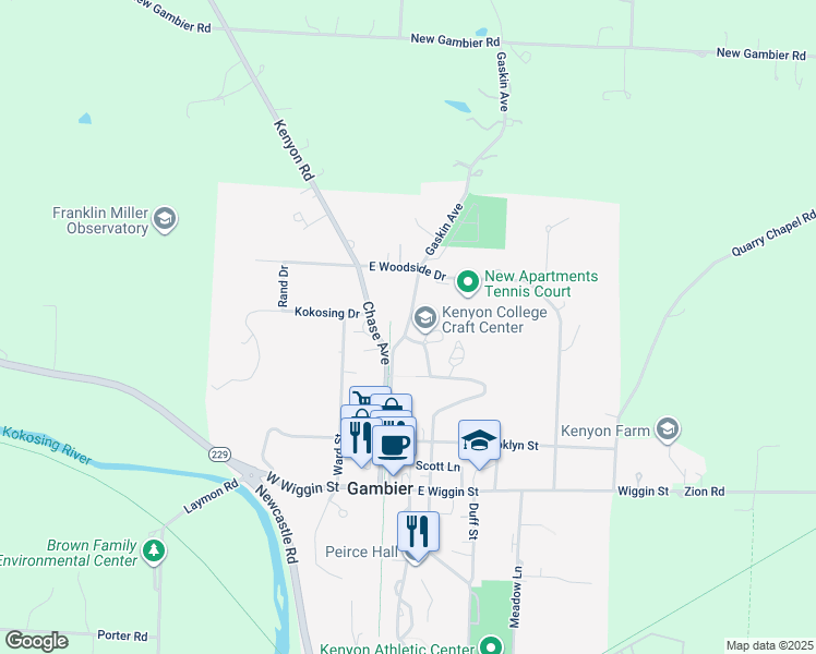 map of restaurants, bars, coffee shops, grocery stores, and more near Gaskin Avenue in Gambier