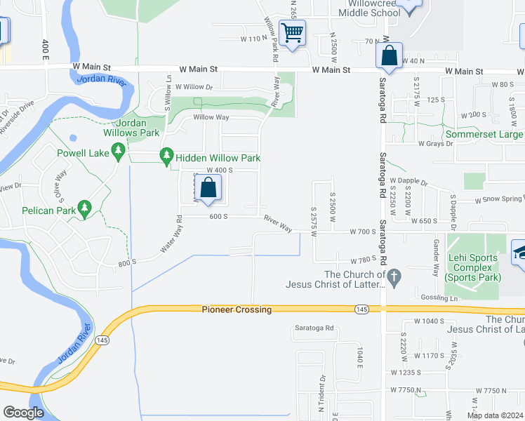map of restaurants, bars, coffee shops, grocery stores, and more near 579 River Way in Lehi