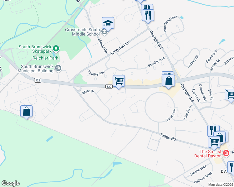 map of restaurants, bars, coffee shops, grocery stores, and more near 28 Esther Drive East in South Brunswick Township