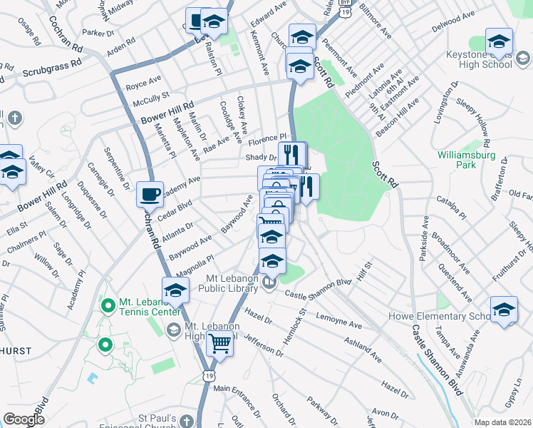 map of restaurants, bars, coffee shops, grocery stores, and more near 31 Cedar Boulevard in Pittsburgh