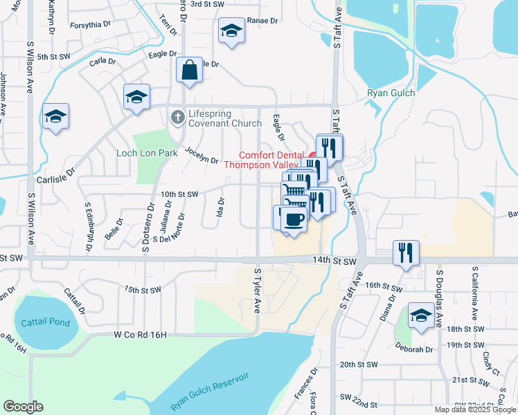 map of restaurants, bars, coffee shops, grocery stores, and more near 1007 South Tyler Avenue in Loveland