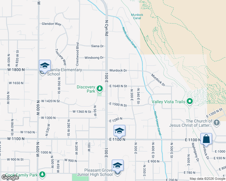 map of restaurants, bars, coffee shops, grocery stores, and more near 119 East 1640 North Street in Pleasant Grove