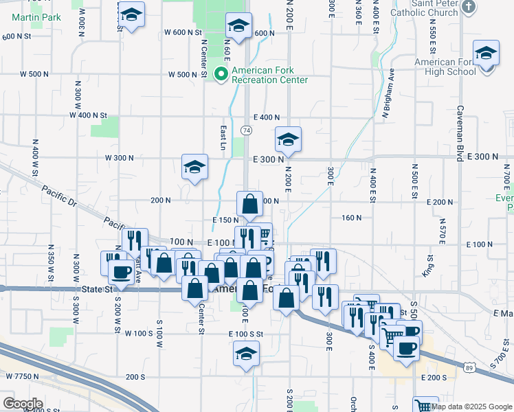 map of restaurants, bars, coffee shops, grocery stores, and more near 281 North 100 East in American Fork