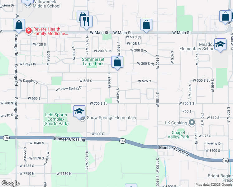 map of restaurants, bars, coffee shops, grocery stores, and more near 1451 West 550 South in Lehi